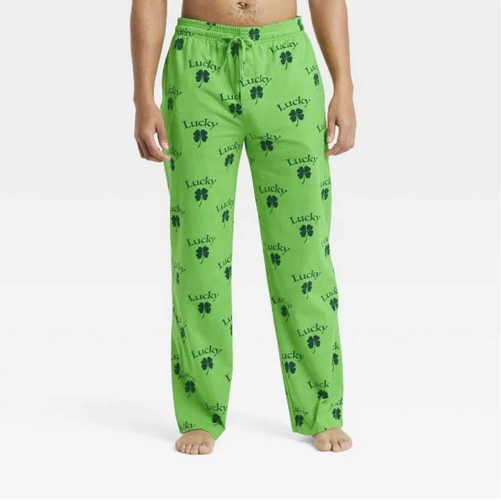 Men’s Mad Engine Lucky Clover Irish Lounge Pants Pajama Pants Size S Green